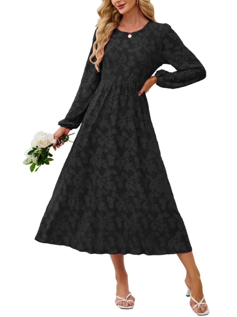 Long Sleeve Floral Maxi Flowy Empire Waist Wedding Guest Dresses
